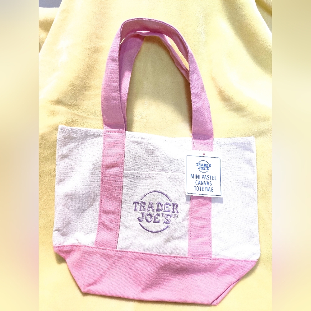 NWT Trader Joe's Pastel Mini Canvas Tote Bag - Pink w/ Purple Logo